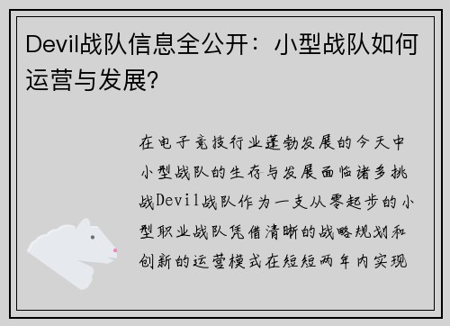 Devil战队信息全公开：小型战队如何运营与发展？